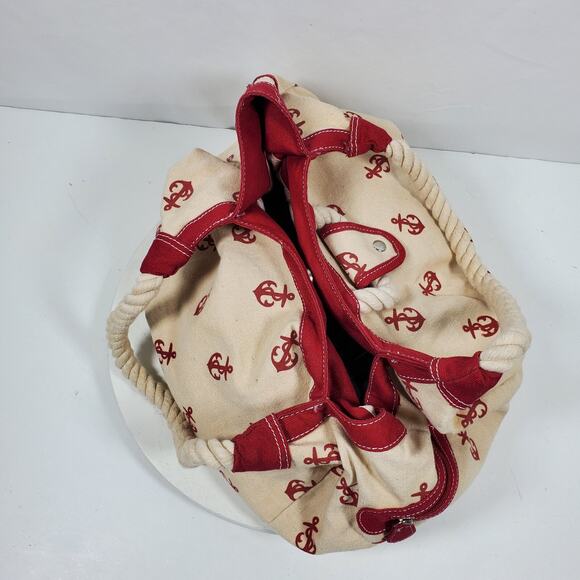 Vintage Sailor Canvas Bucket Bag Handbag Purse Red Tan 9x10x7 Inch - Picture 4 of 6